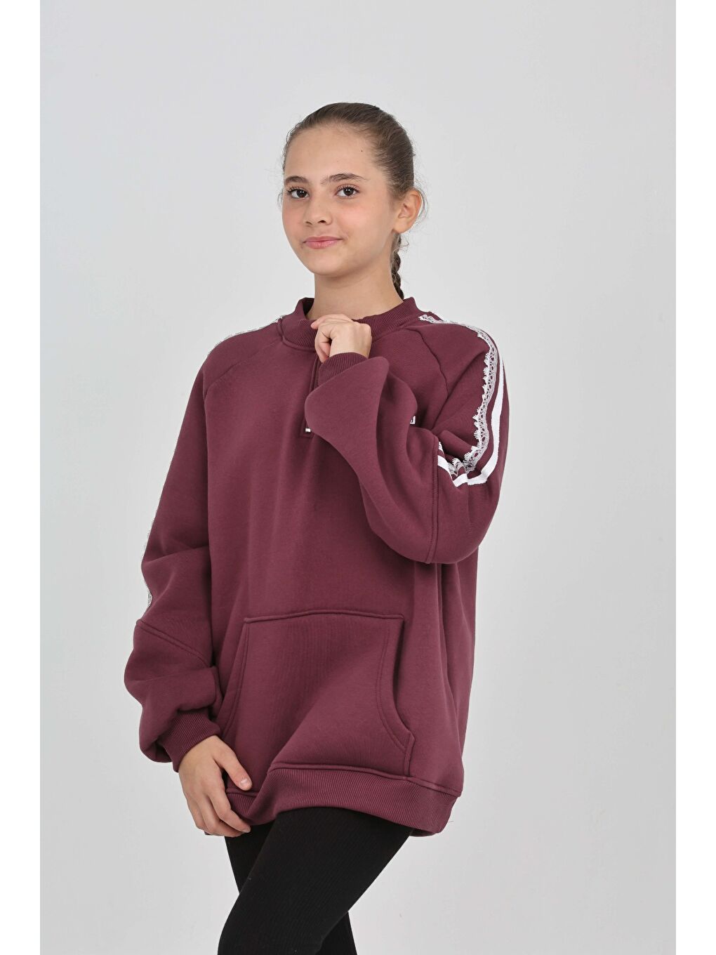 Mor Kız Çocuk Relax Fit Yarım Balıkçı Yaka Reglan Kol Sweatshirt-3