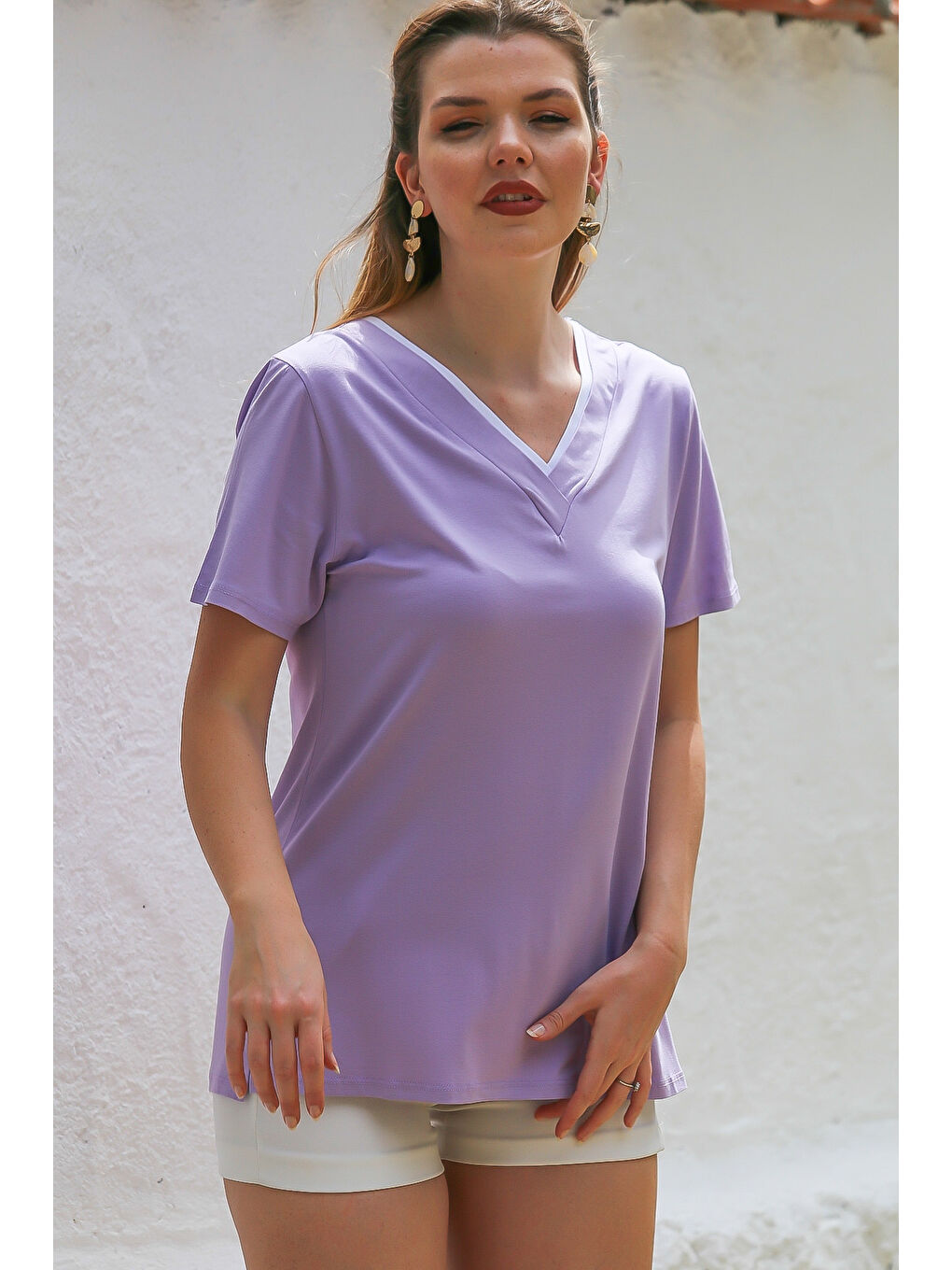 Chiccy Lila V Yaka Kısa Kol Örme Garnili Örme Casual Tişört - 4