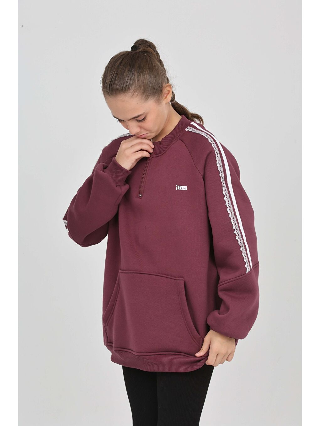 Mor Kız Çocuk Relax Fit Yarım Balıkçı Yaka Reglan Kol Sweatshirt-4