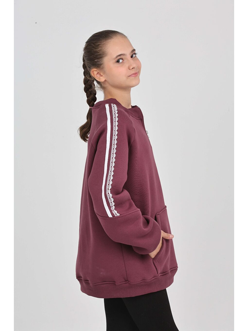 Mor Kız Çocuk Relax Fit Yarım Balıkçı Yaka Reglan Kol Sweatshirt-5