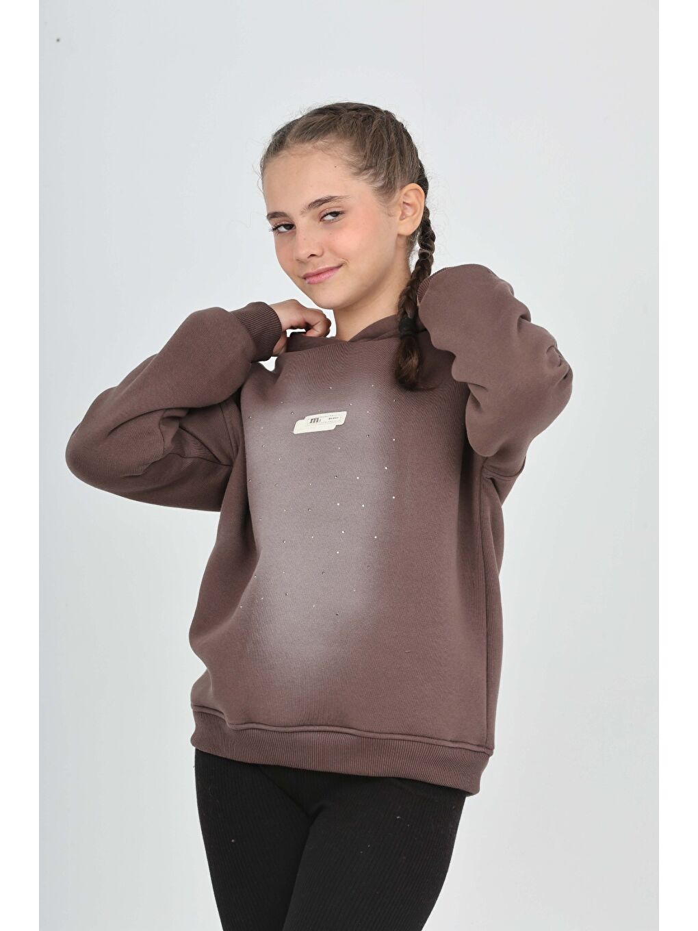 Kahverengi Kız Çocuk Taş Dizaynlı Sweatshırt-1