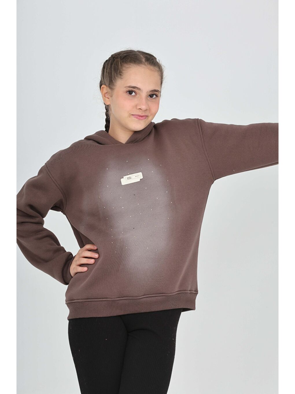 Kahverengi Kız Çocuk Taş Dizaynlı Sweatshırt-3