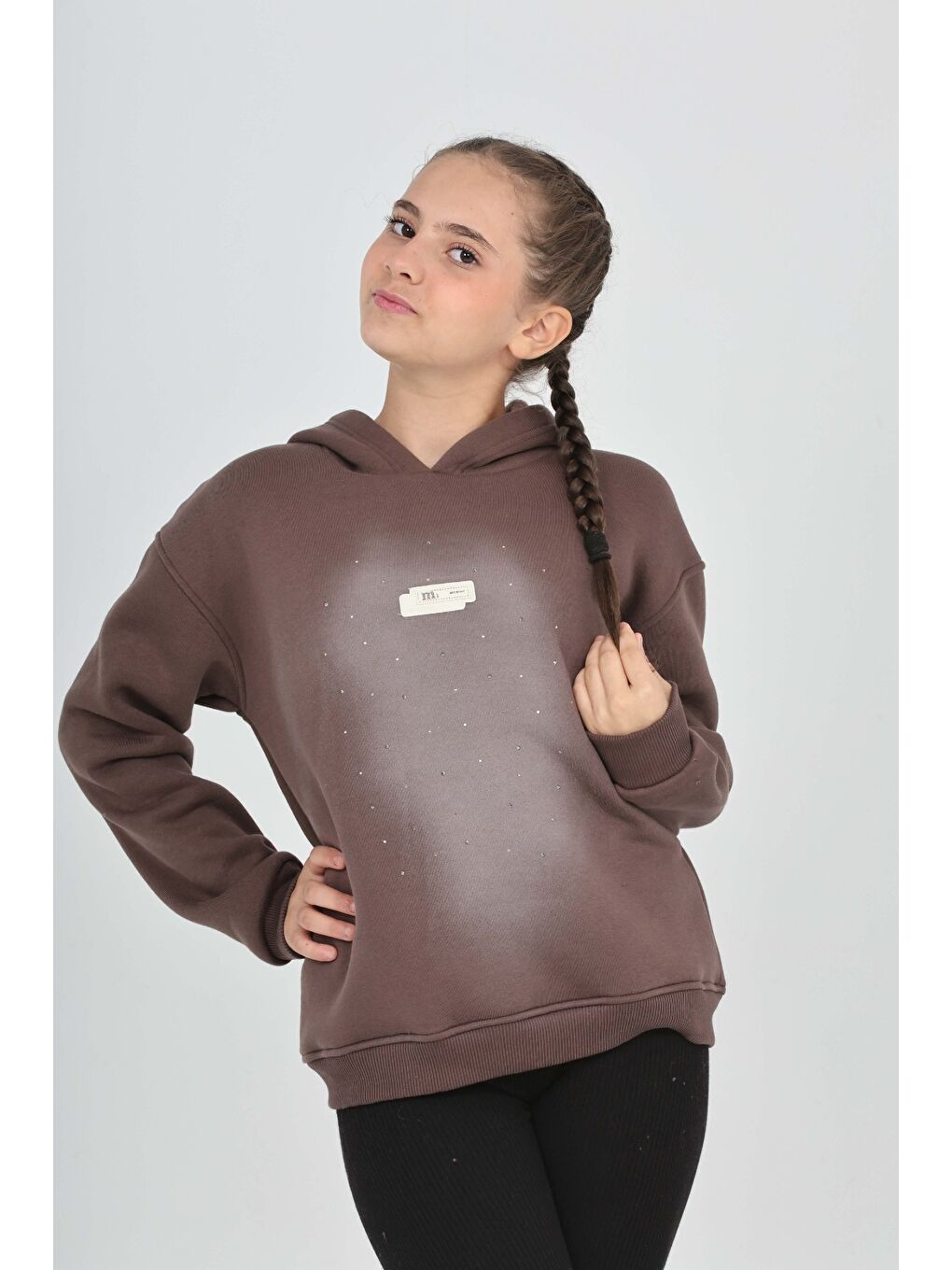 Kahverengi Kız Çocuk Taş Dizaynlı Sweatshırt-4