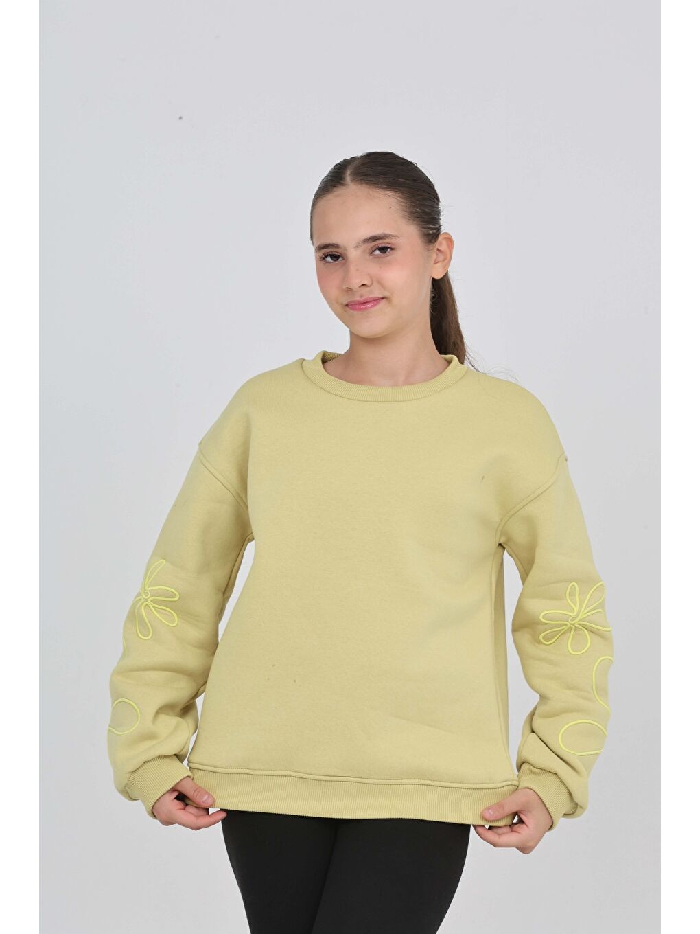 Yeşil Kız Çocuk Relax Fit Bisiklet Yaka Düşük Omuz Sweatshirt