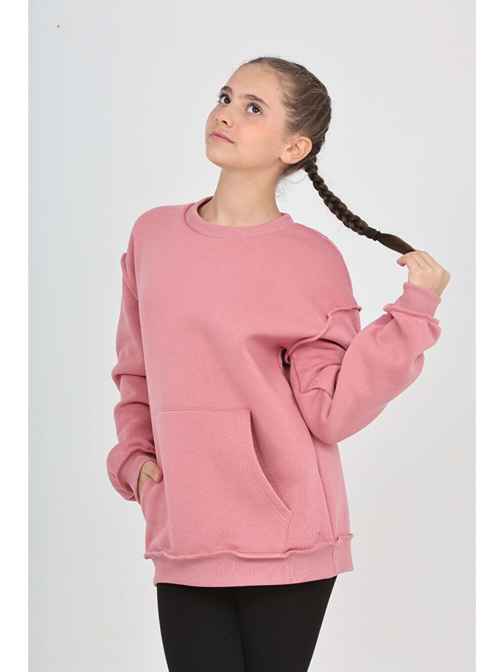 Pembe Kız Çocuk Arka Eva Nakışlı Sweatshırt-1