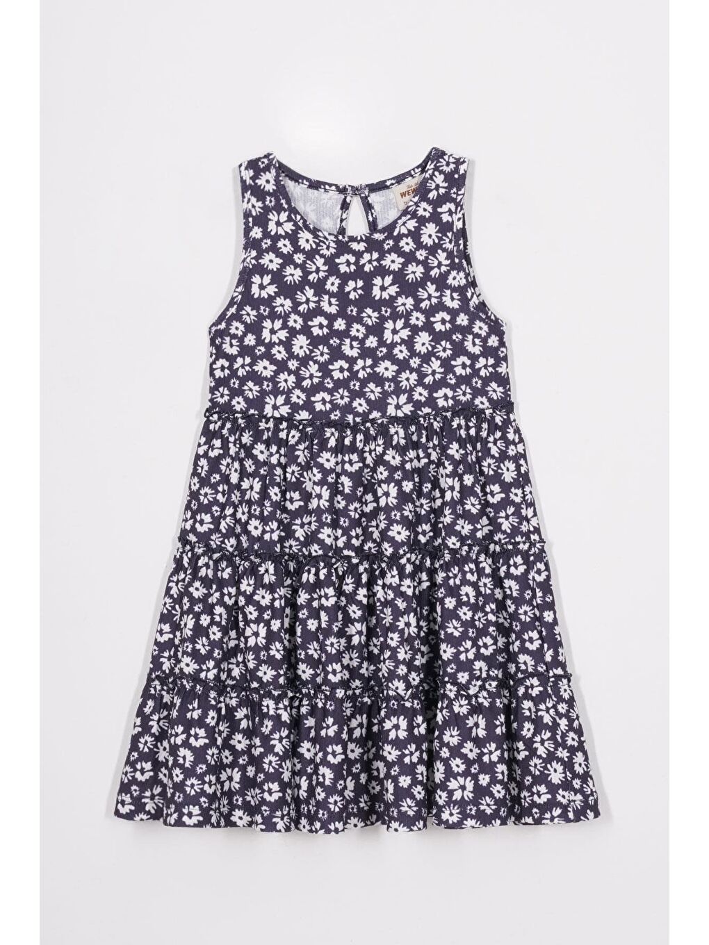 Bisiklet Yaka Çiçek Desenli Şapka Aksesuarlı Lacivert Renk Kız Çocuk Elbise-2