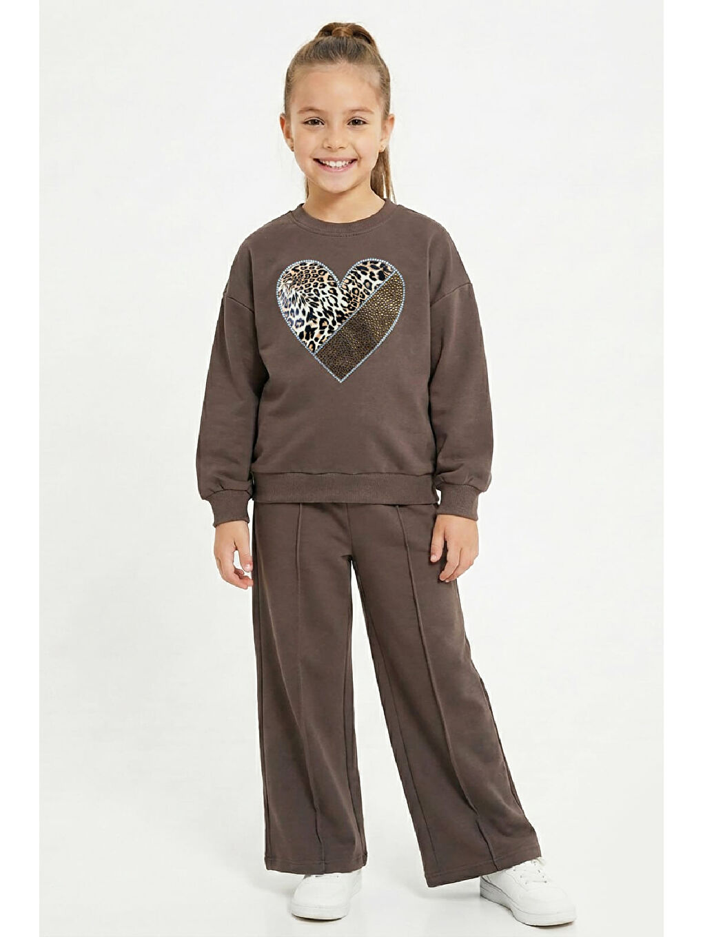 Kahverengi Kız Çocuk Taş İşlemeli Flexi Baskılı 2 İplik Alt-Üst Takım-5-12 Yaş 12464