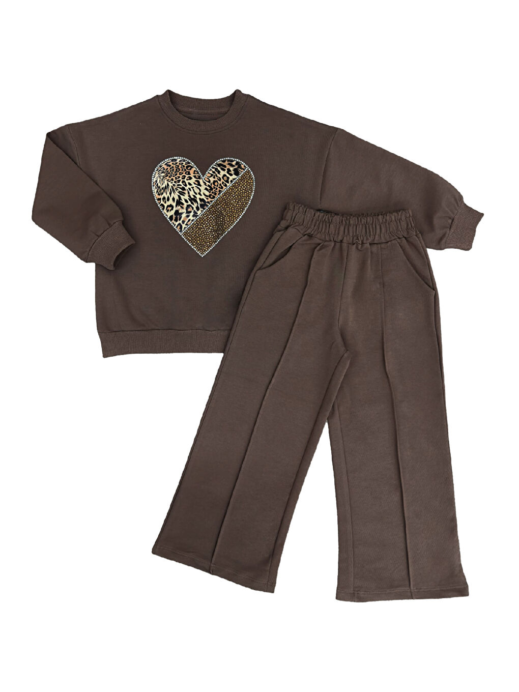 Kahverengi Kız Çocuk Taş İşlemeli Flexi Baskılı 2 İplik Alt-Üst Takım-5-12 Yaş 12464-1