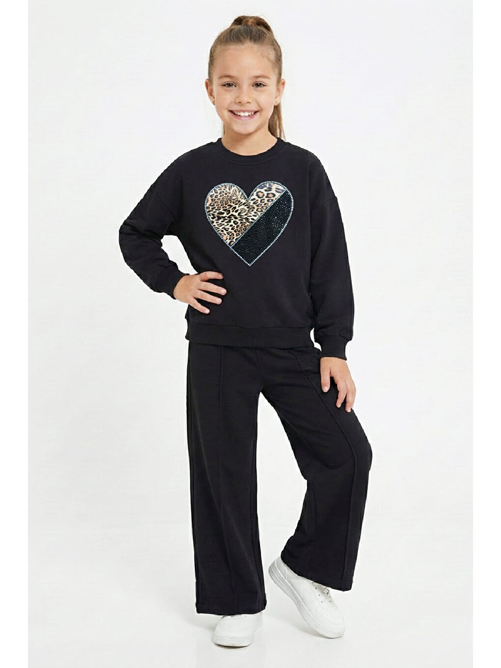 Siyah Kız Çocuk Taş İşlemeli Flexi Baskılı 2 İplik Alt-Üst Takım-5-12 Yaş 12464
