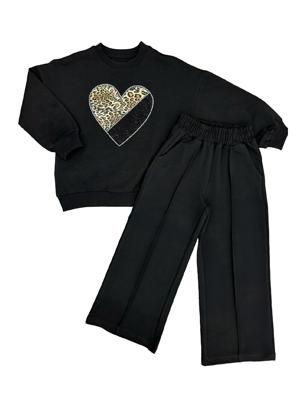 Siyah Kız Çocuk Taş İşlemeli Flexi Baskılı 2 İplik Alt-Üst Takım-5-12 Yaş 12464-1