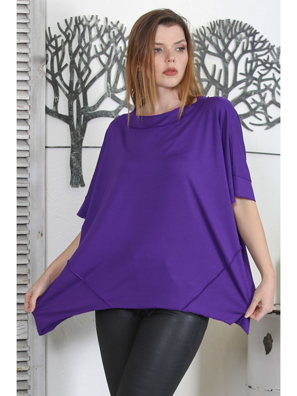 Mor Yuvarlak Yaka Kısa Kol Örme Oversize Casual Tişört