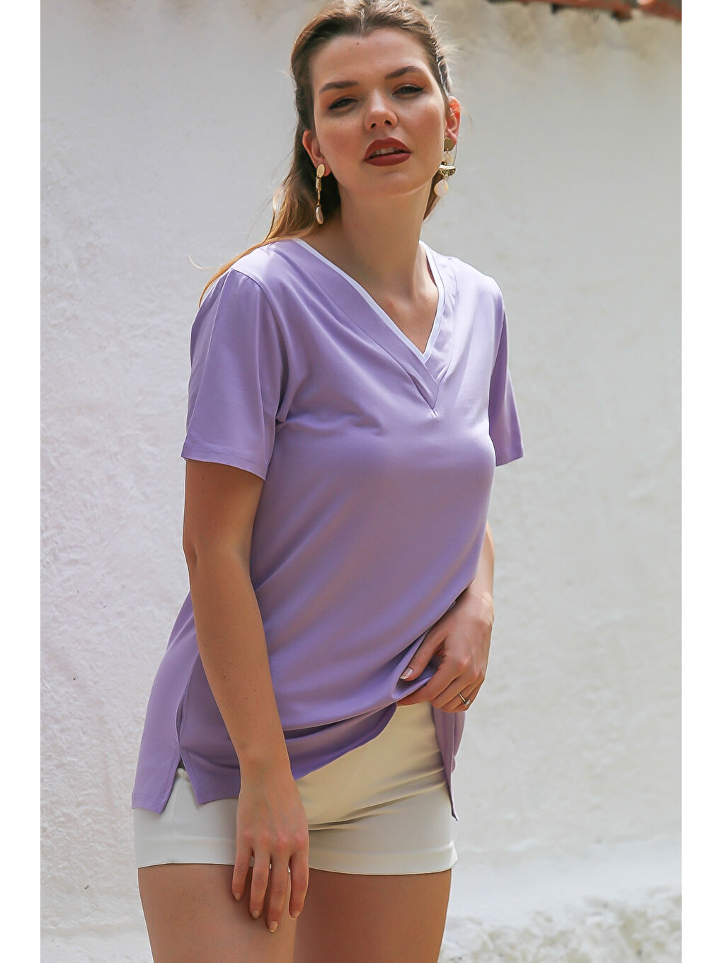 Chiccy Lila V Yaka Kısa Kol Örme Garnili Örme Casual Tişört - 5