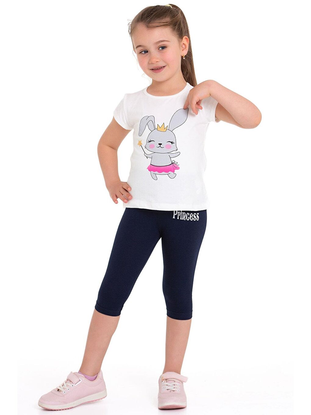 Tavşan Baskılı Ekru Renk Kız Çocuk Taytlı Takım