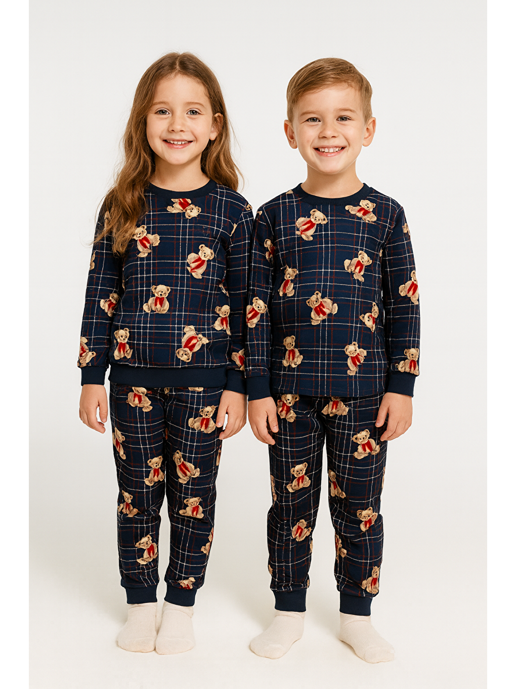 Bisiklet Yaka Ayıcık Baskılı Lacivert Renk Unisex Çocuk Pijama Takımı