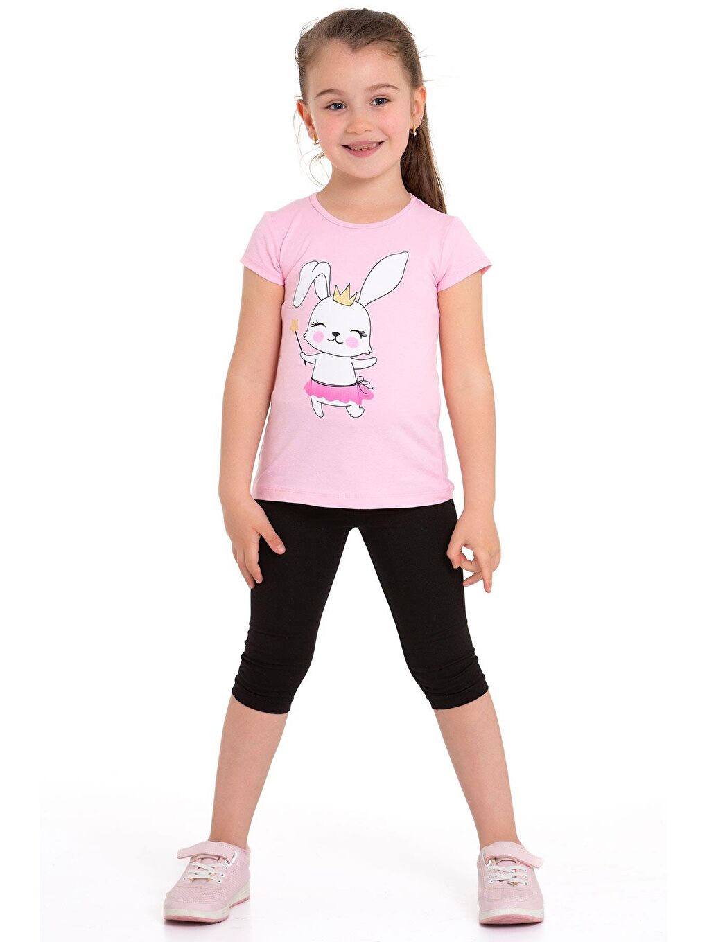 Tavşan Baskılı Açık Pembe Renk Kız Çocuk Taytlı Takım