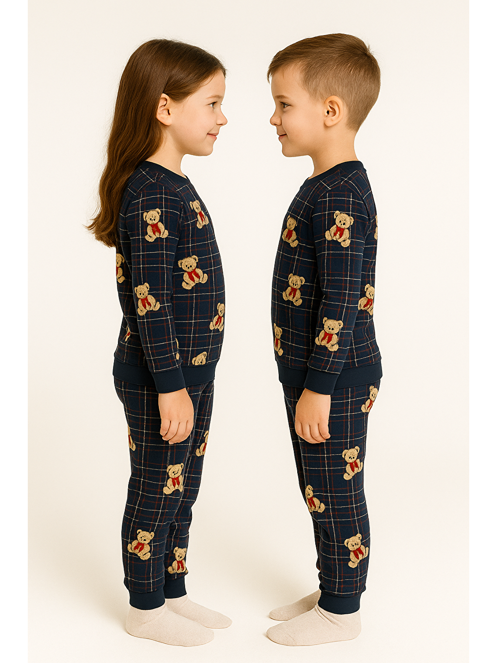 Bisiklet Yaka Ayıcık Baskılı Lacivert Renk Unisex Çocuk Pijama Takımı-1