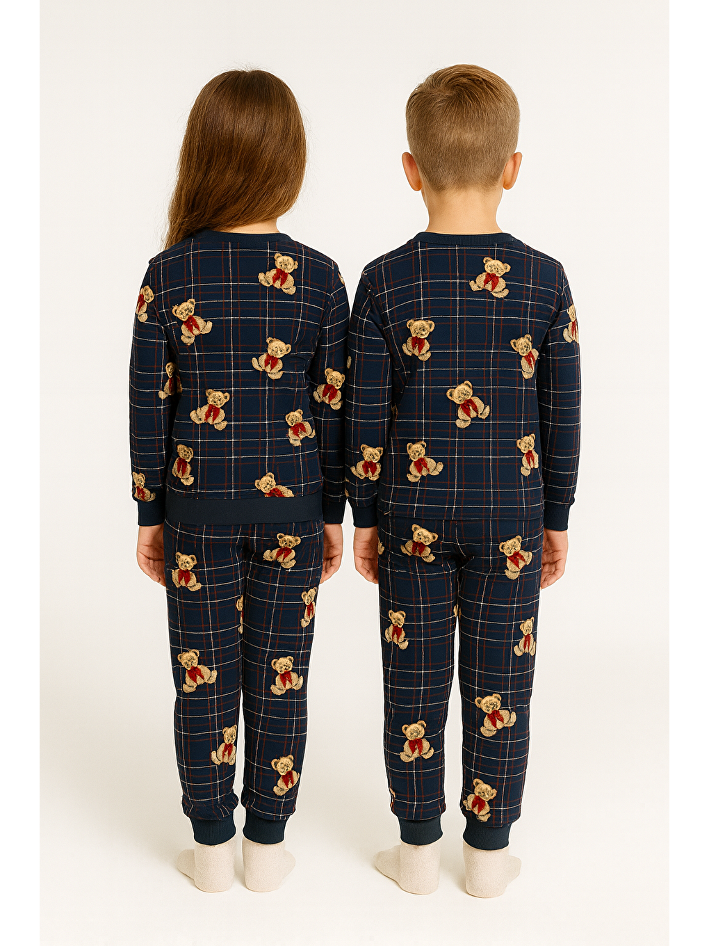 Bisiklet Yaka Ayıcık Baskılı Lacivert Renk Unisex Çocuk Pijama Takımı-2