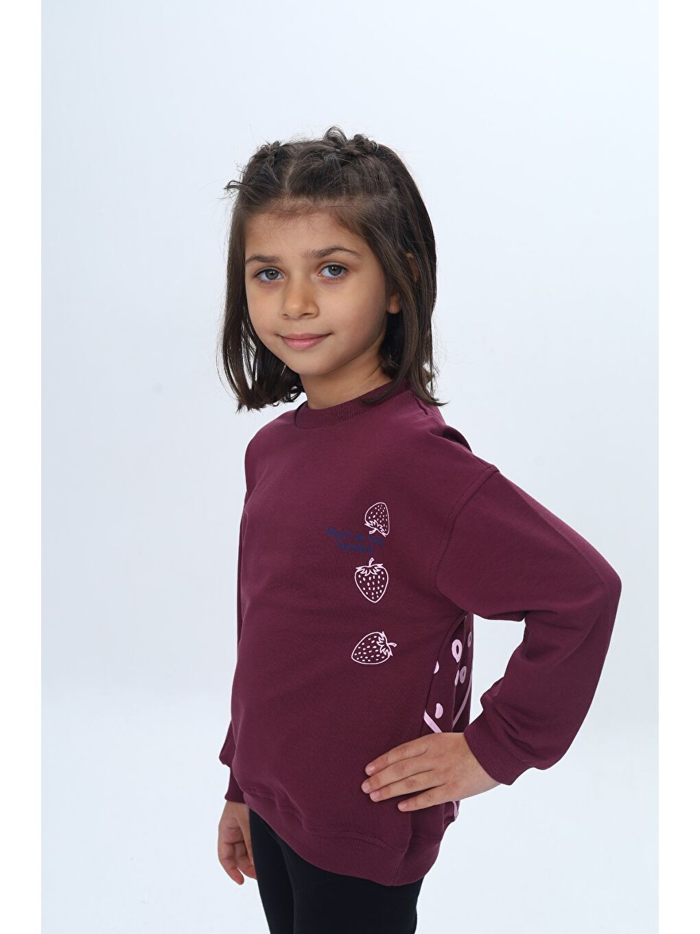 Mor Kız Çocuk Relax Fit Bisiklet Yaka Düşük Omuz Baskılı Sweatshirt-1
