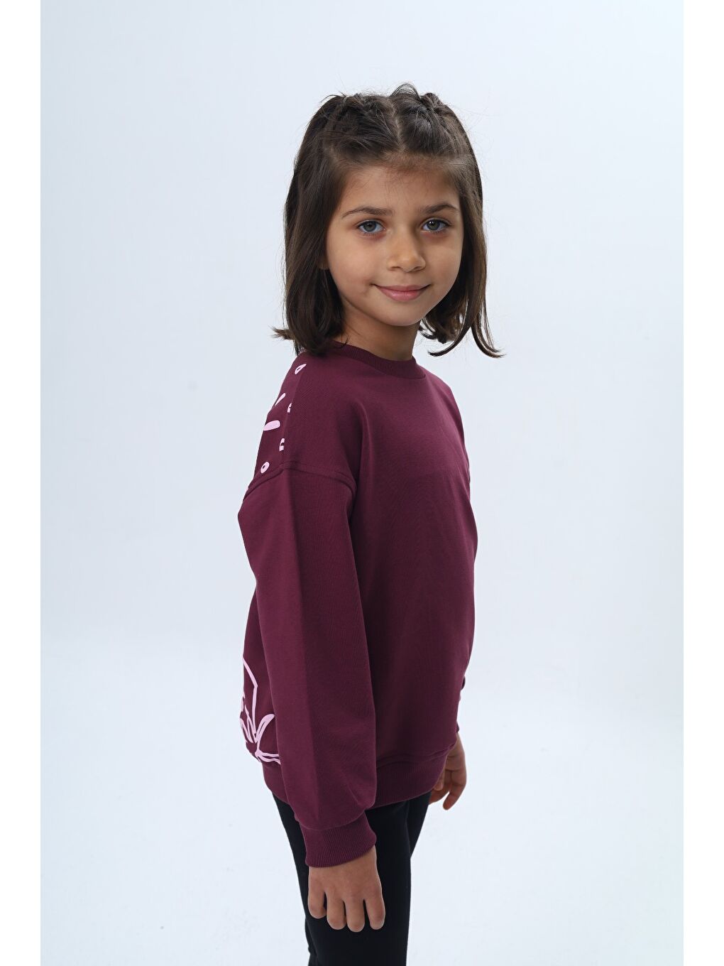 Mor Kız Çocuk Relax Fit Bisiklet Yaka Düşük Omuz Baskılı Sweatshirt-2