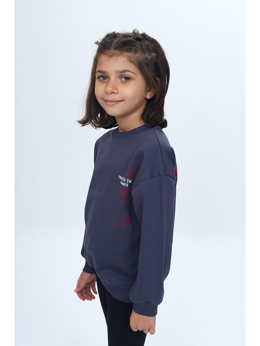 Antrasit Kız Çocuk Relax Fit Bisiklet Yaka Düşük Omuz Baskılı Sweatshirt-1