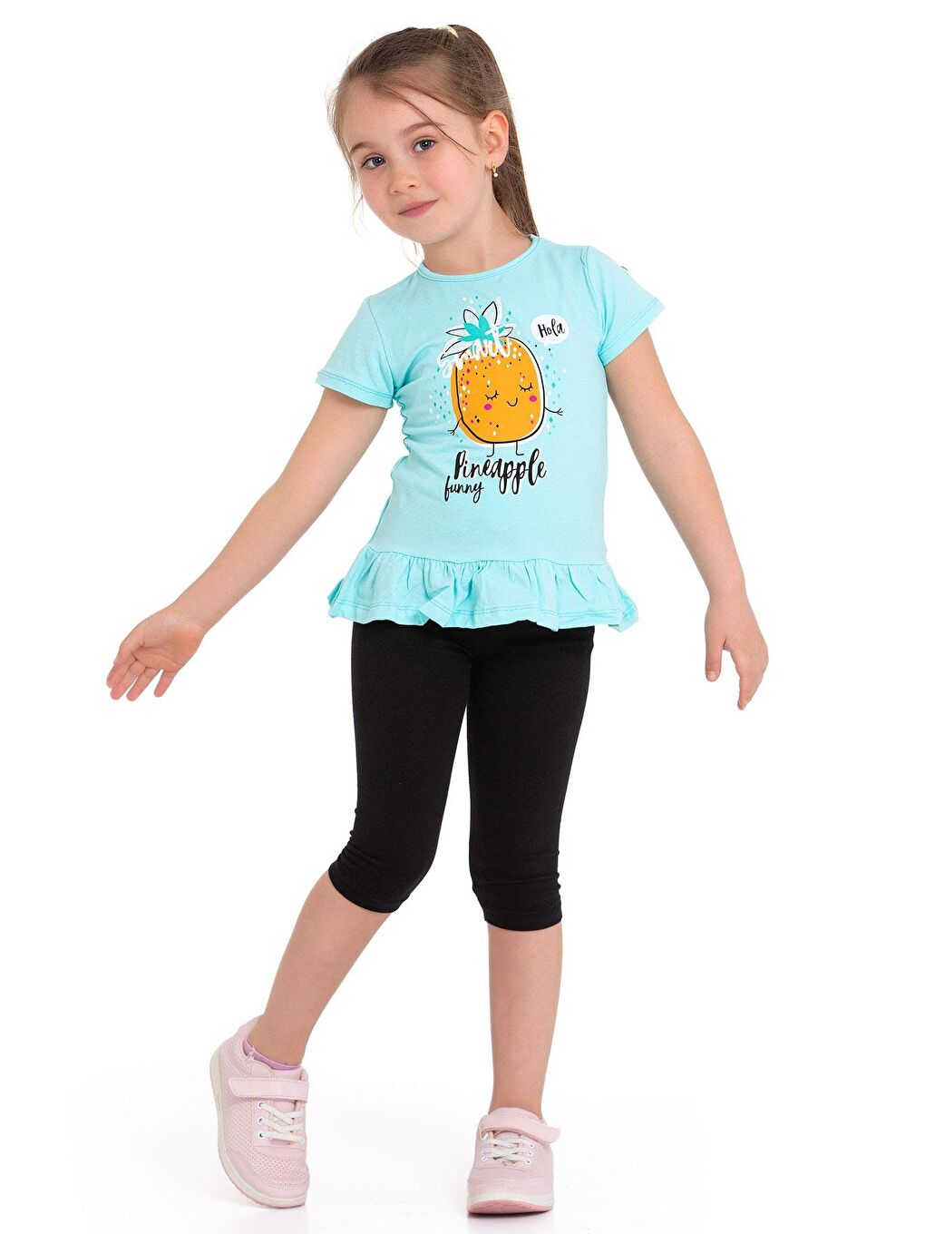 Yeşil Bisiklet Yaka Kısa Kol Ananas Baskılı Mint Renk Kız Çocuk Taytlı Takım-1