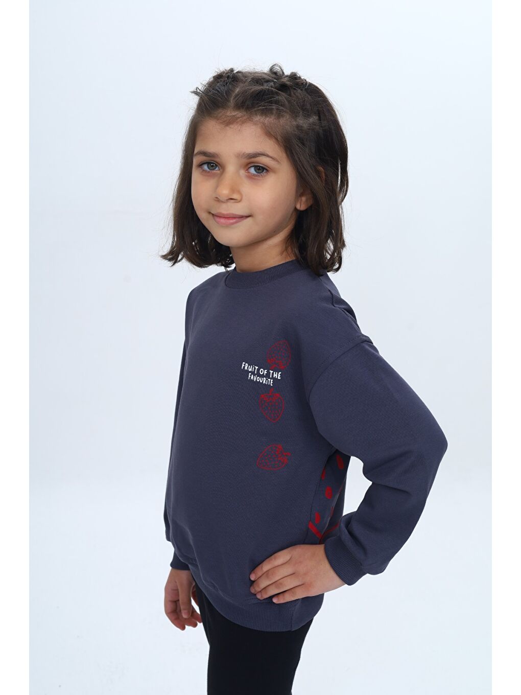 Antrasit Kız Çocuk Relax Fit Bisiklet Yaka Düşük Omuz Baskılı Sweatshirt-3