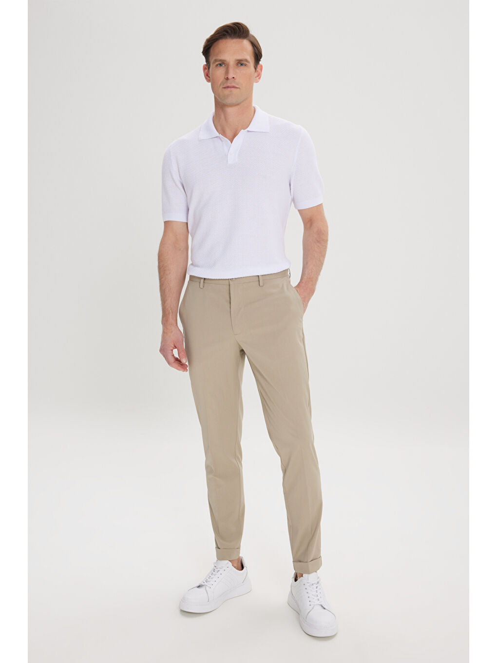 Erkek Açık Haki Slim Fit Dar Kesim Beli Lastikli Yan Cep Rahat Pantolon-1