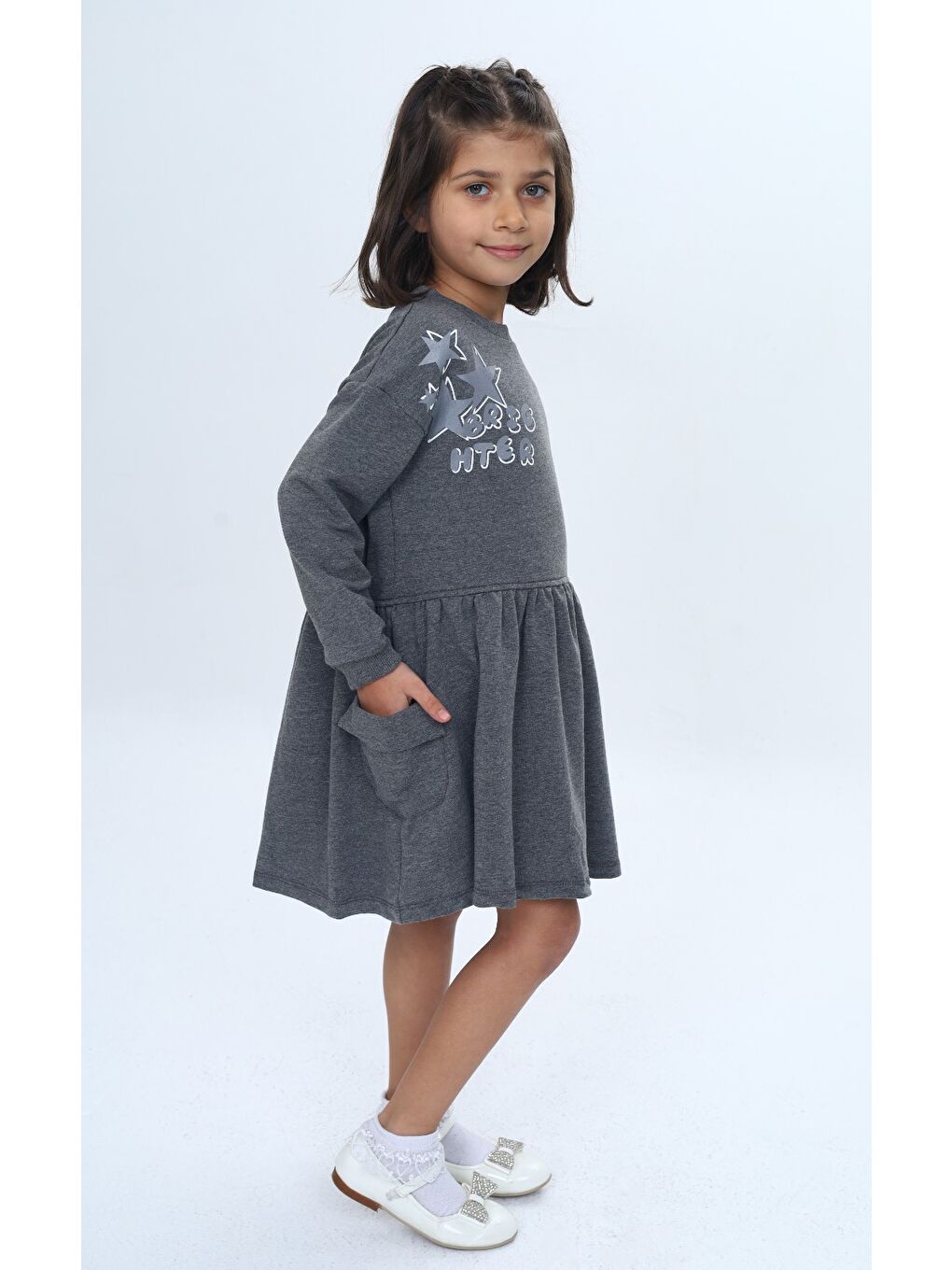 Antrasit Kız Çocuk Baskılı Relax Fit Bisiklet Yaka Düşük Omuz Uzun Kollu Baskılı Elbise-1