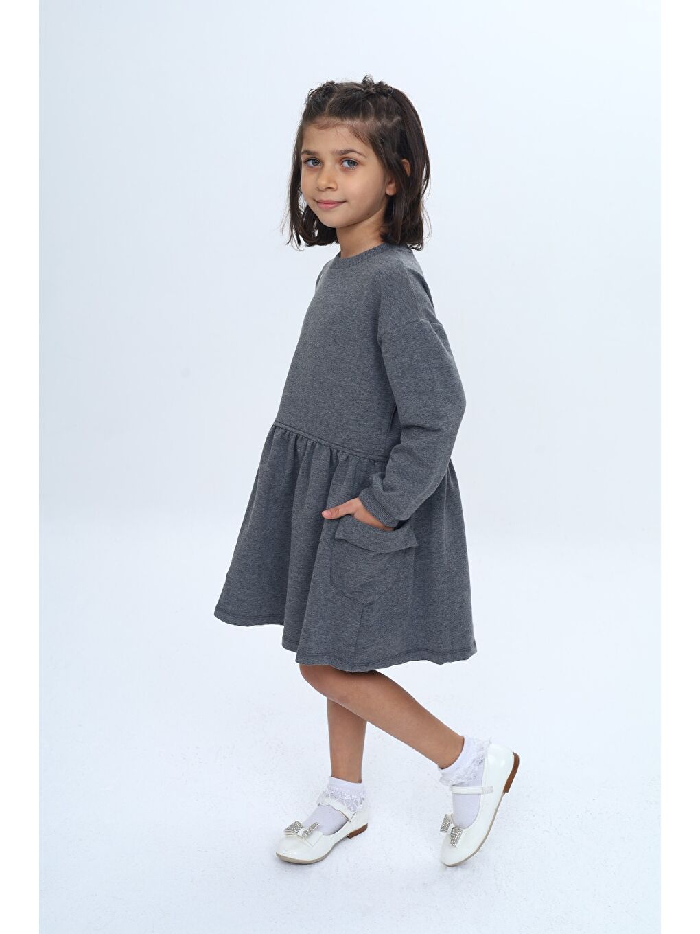 Antrasit Kız Çocuk Baskılı Relax Fit Bisiklet Yaka Düşük Omuz Uzun Kollu Baskılı Elbise-2