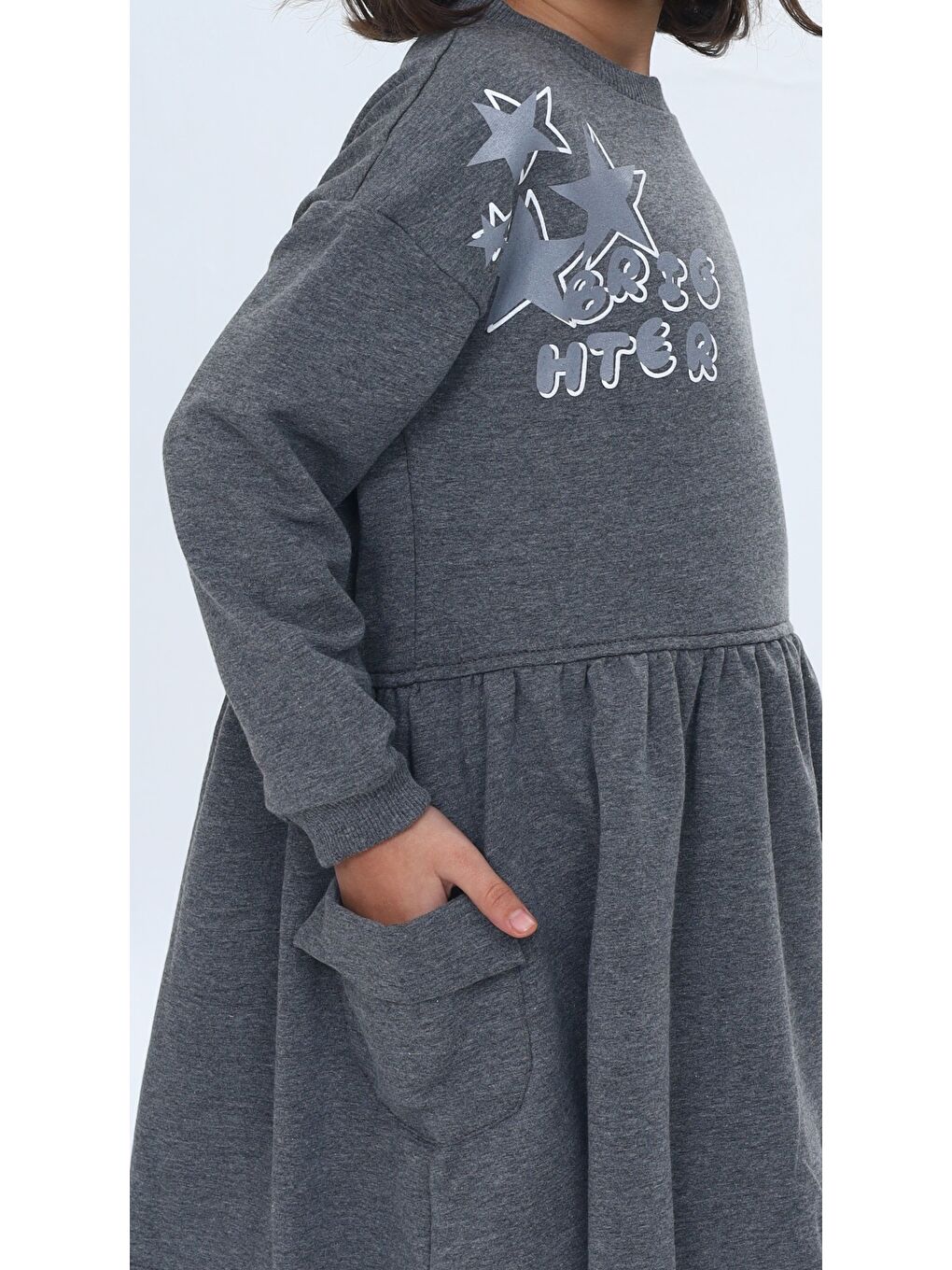 Antrasit Kız Çocuk Baskılı Relax Fit Bisiklet Yaka Düşük Omuz Uzun Kollu Baskılı Elbise-4