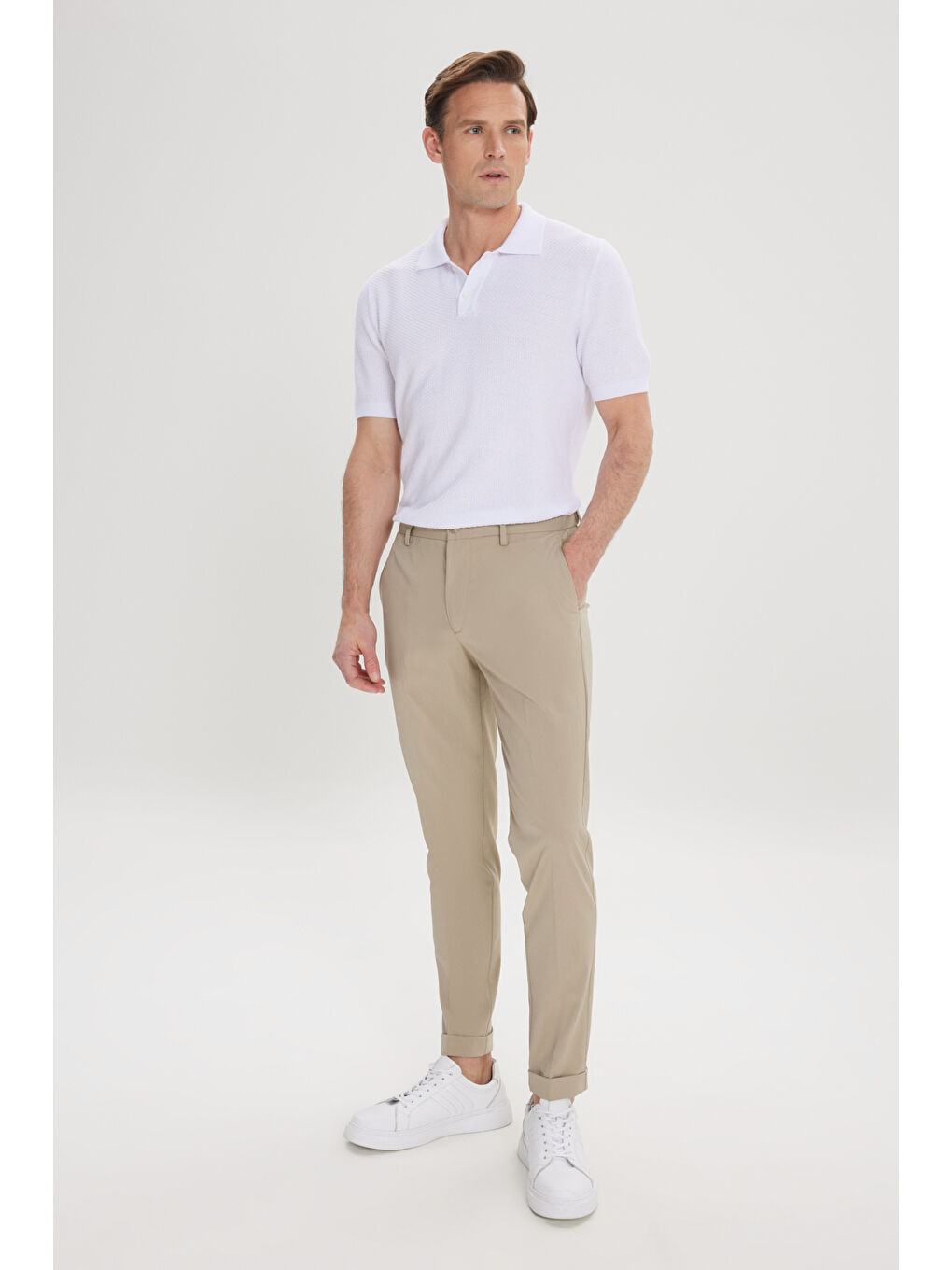 Erkek Açık Haki Slim Fit Dar Kesim Beli Lastikli Yan Cep Rahat Pantolon-9