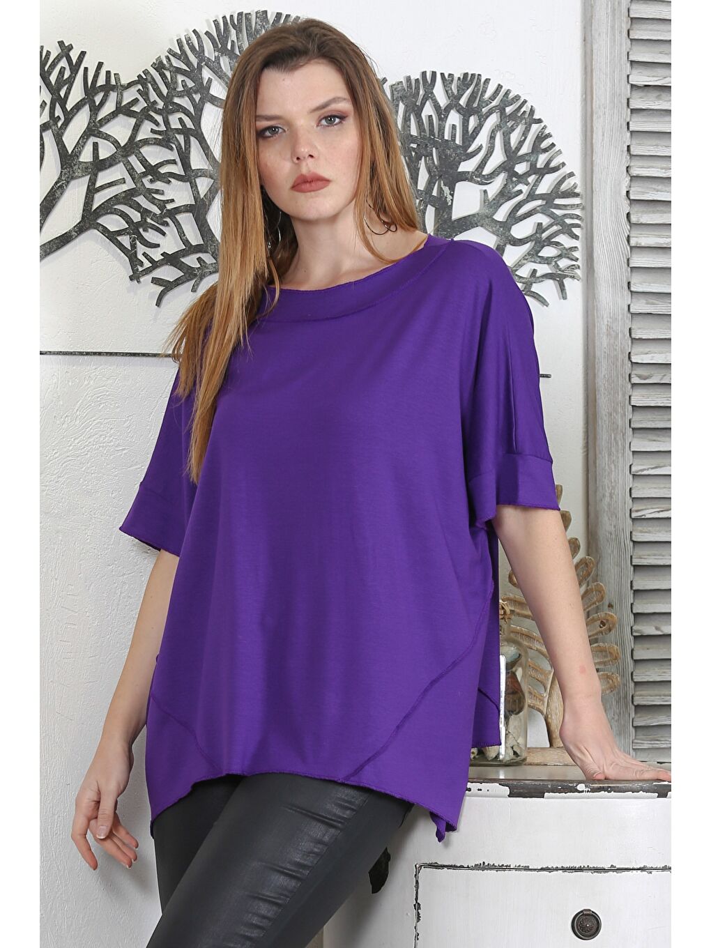 Mor Yuvarlak Yaka Kısa Kol Örme Oversize Casual Tişört-1