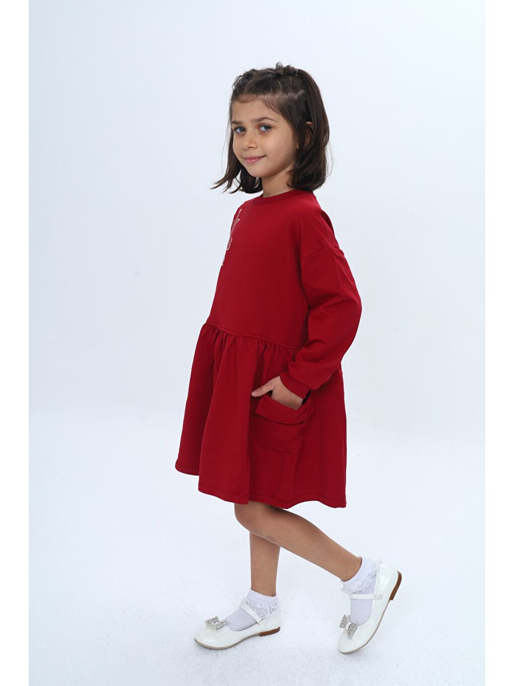 Bordo Kız Çocuk Baskılı Relax Fit Bisiklet Yaka Düşük Omuz Uzun Kollu Baskılı Elbise-1