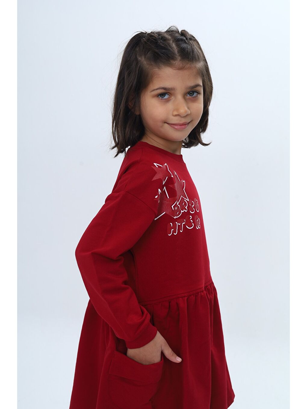 Bordo Kız Çocuk Baskılı Relax Fit Bisiklet Yaka Düşük Omuz Uzun Kollu Baskılı Elbise-2