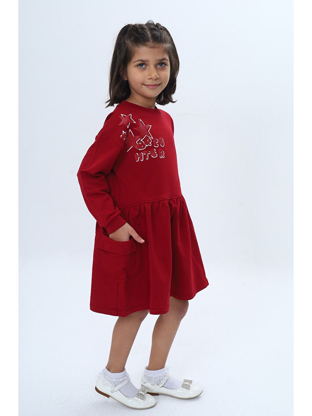 Bordo Kız Çocuk Baskılı Relax Fit Bisiklet Yaka Düşük Omuz Uzun Kollu Baskılı Elbise-3