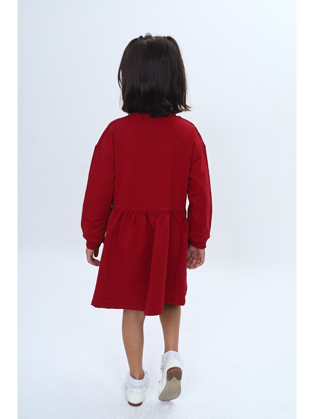 Bordo Kız Çocuk Baskılı Relax Fit Bisiklet Yaka Düşük Omuz Uzun Kollu Baskılı Elbise-4