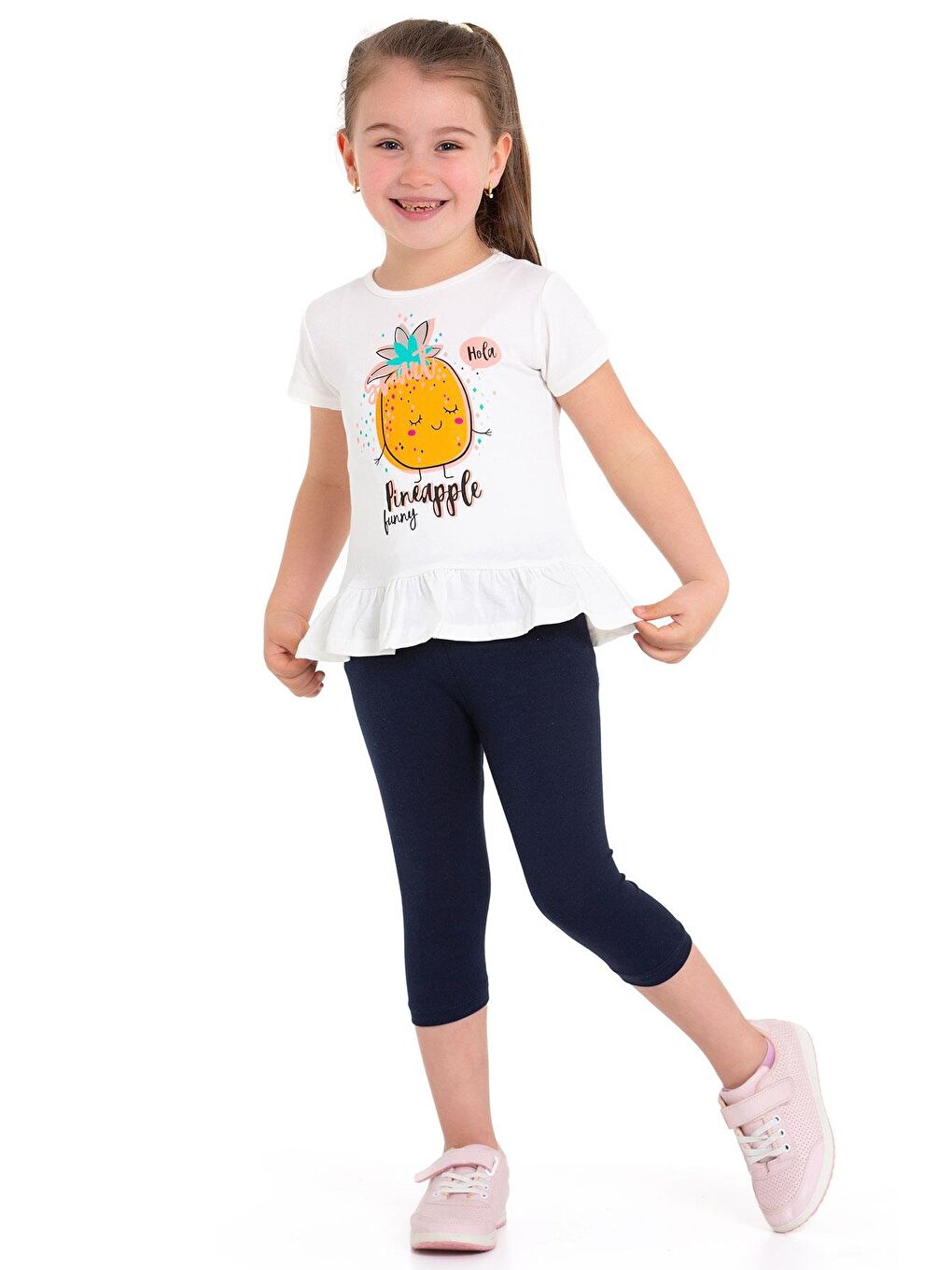 Bisiklet Yaka Kısa Kol Ananas Baskılı Ekru Renk Kız Çocuk Taytlı Takım-1