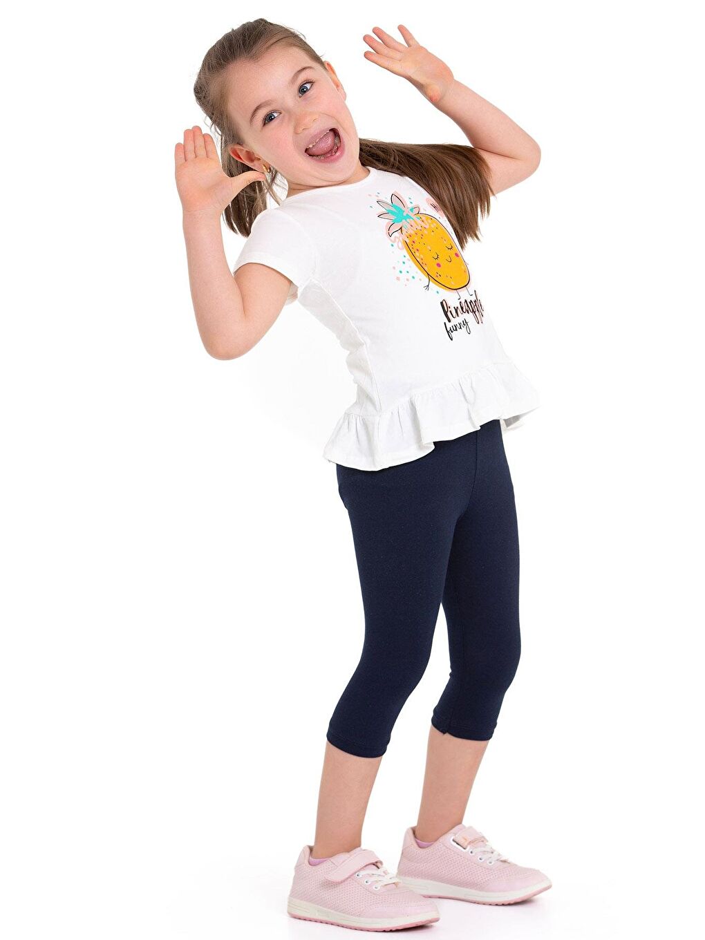 Bisiklet Yaka Kısa Kol Ananas Baskılı Ekru Renk Kız Çocuk Taytlı Takım-3