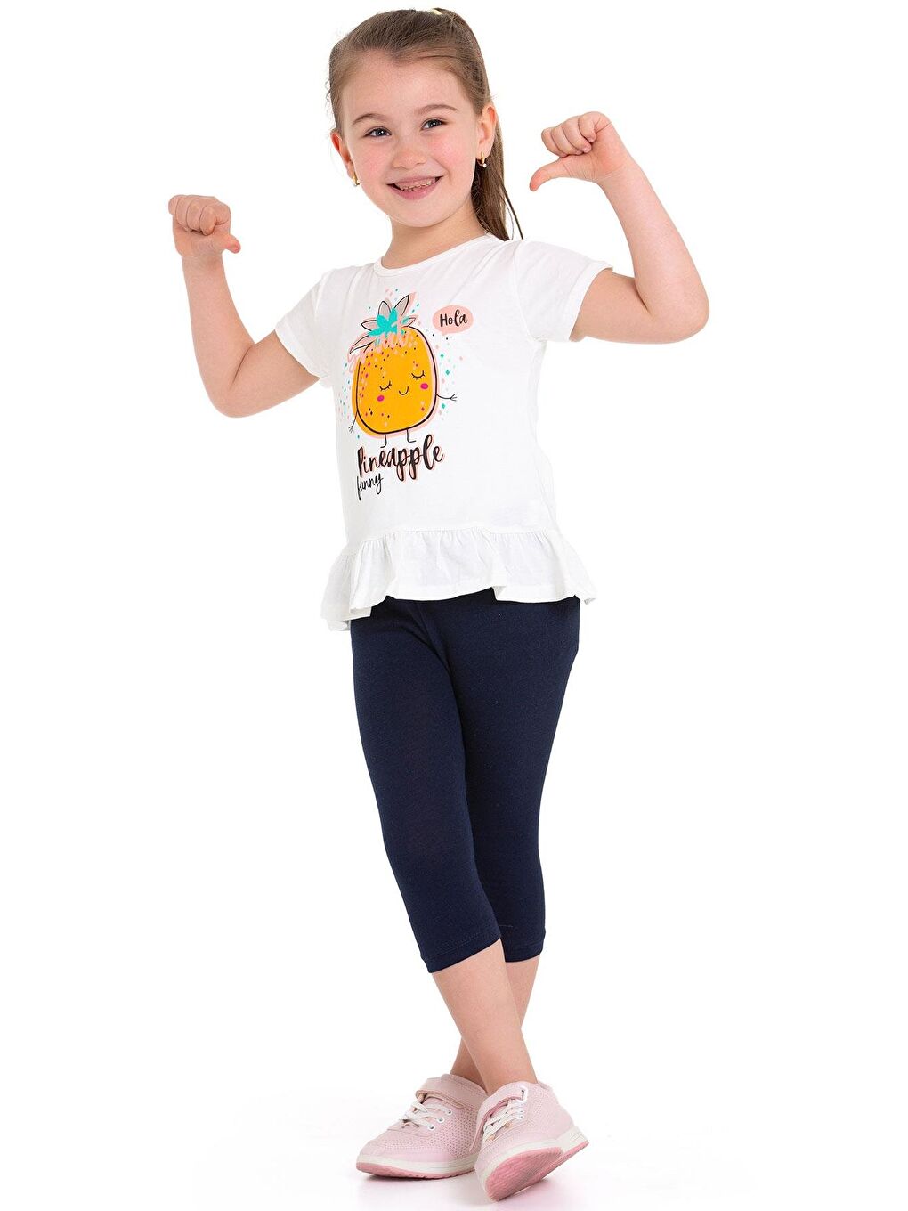 Bisiklet Yaka Kısa Kol Ananas Baskılı Ekru Renk Kız Çocuk Taytlı Takım-4
