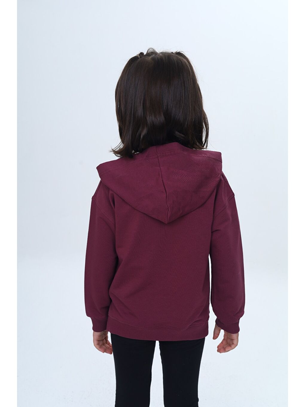 Mor Kız Çocuk Relax Fit Kapüşonlu Düşük Omuz Nakışlı Sweatshirt - Cep Detaylı-3
