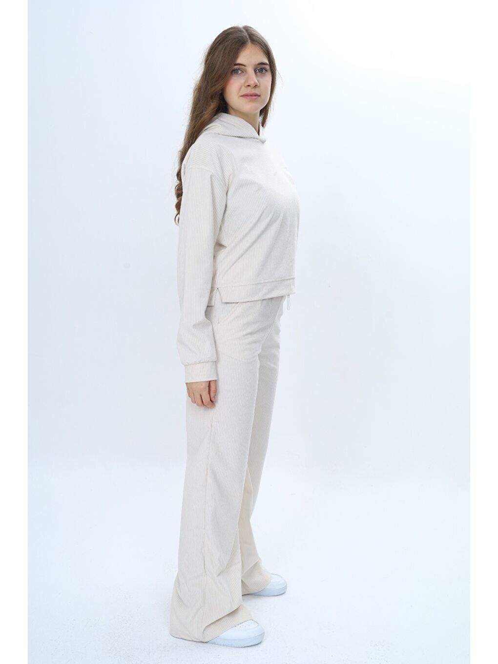 Bej Kız Çocuk 2'li Takım Kapüşonlu Düşük Omuz Sweatshirt Bol Paça Cepli Eşofman Altı & Kadife-2