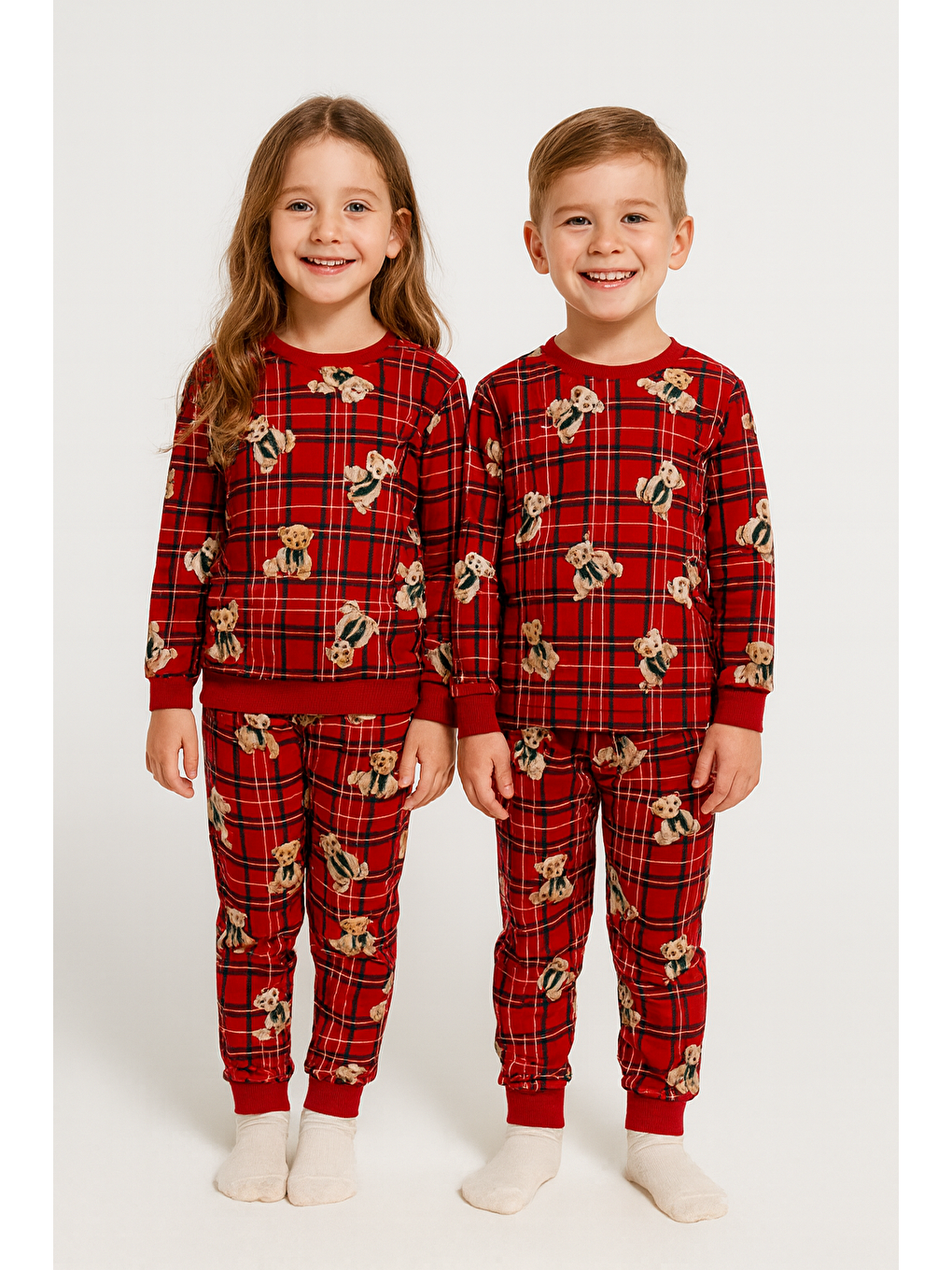 Bisiklet Yaka Ayıcık Baskılı Kırmızı Renk Unisex Çocuk Pijama Takımı