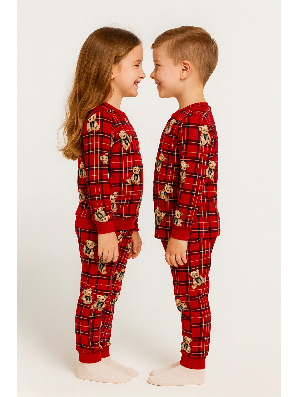 Bisiklet Yaka Ayıcık Baskılı Kırmızı Renk Unisex Çocuk Pijama Takımı-1