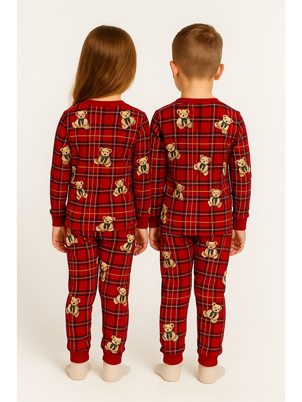 Bisiklet Yaka Ayıcık Baskılı Kırmızı Renk Unisex Çocuk Pijama Takımı-2