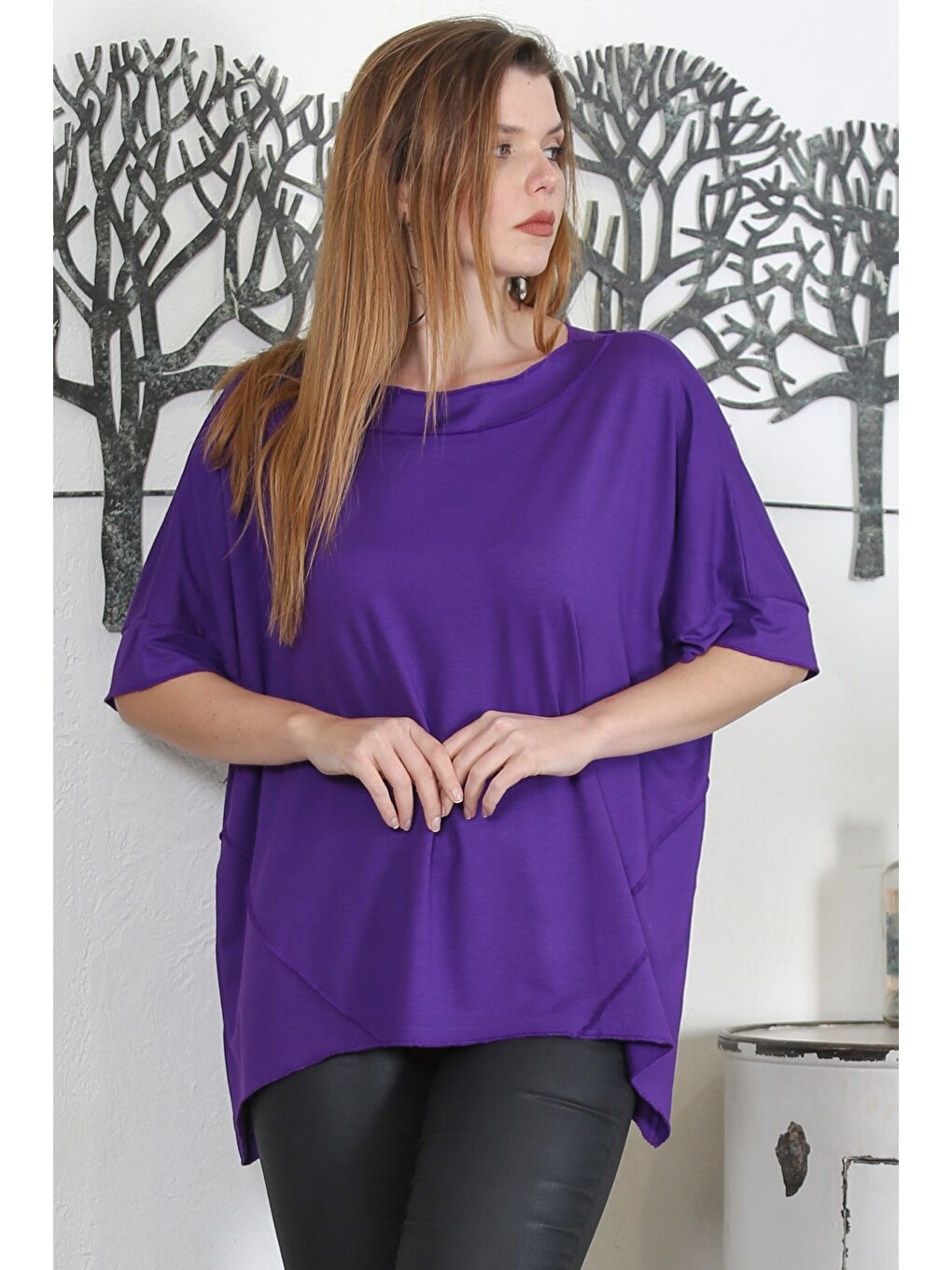 Mor Yuvarlak Yaka Kısa Kol Örme Oversize Casual Tişört-2