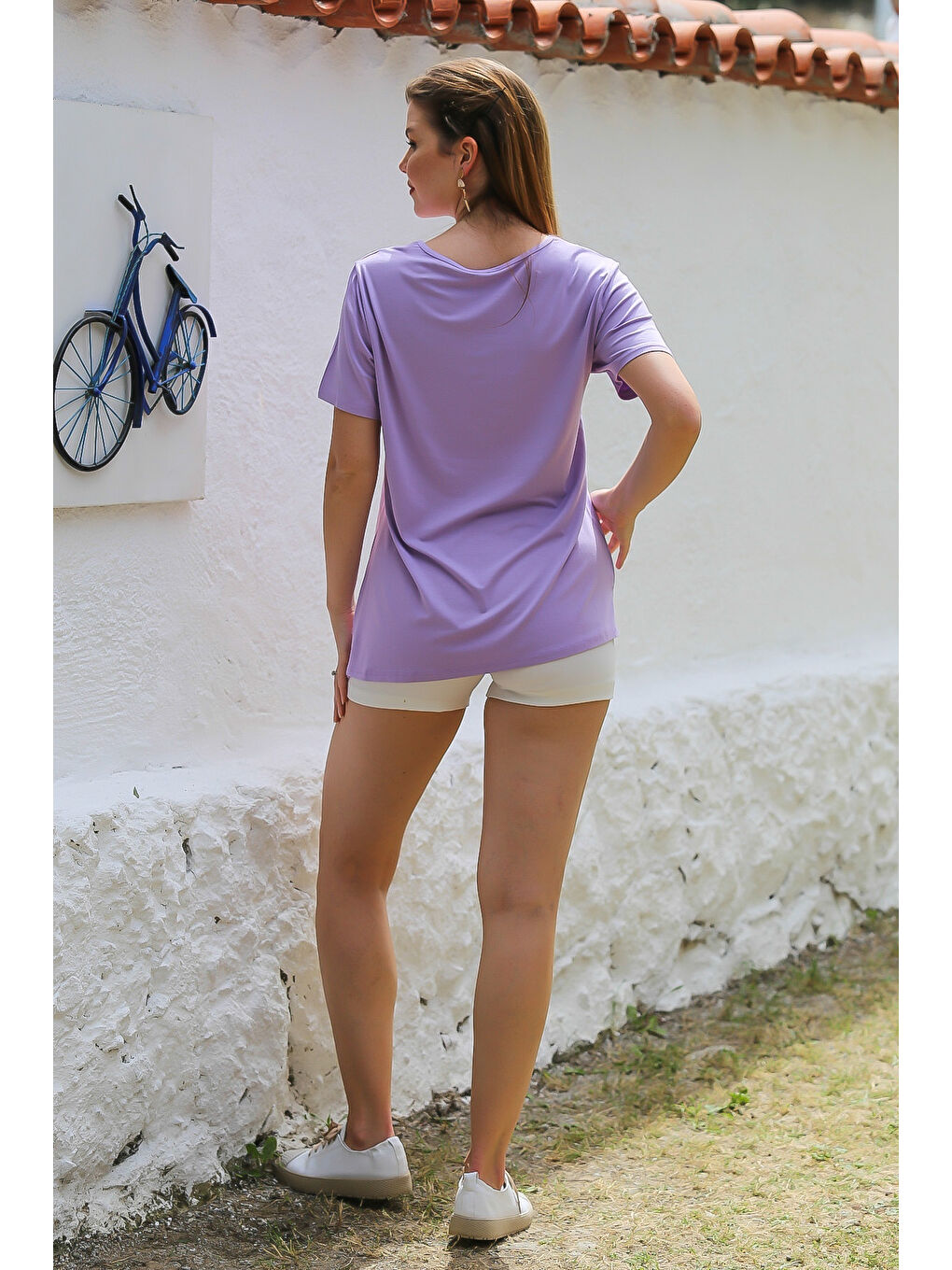 Chiccy Lila V Yaka Kısa Kol Örme Garnili Örme Casual Tişört - 7