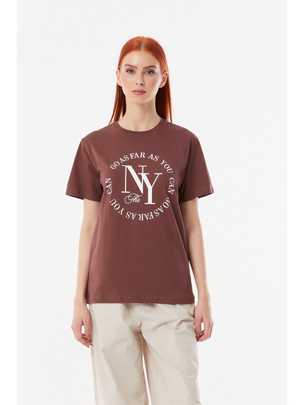 Kahverengi NY Baskılı Bisiklet Yaka Tişört