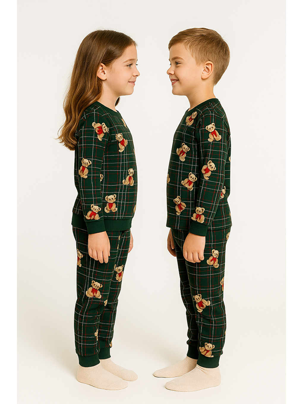 Bisiklet Yaka Ayıcık Baskılı Yeşil Renk Unisex Çocuk Pijama Takımı-1