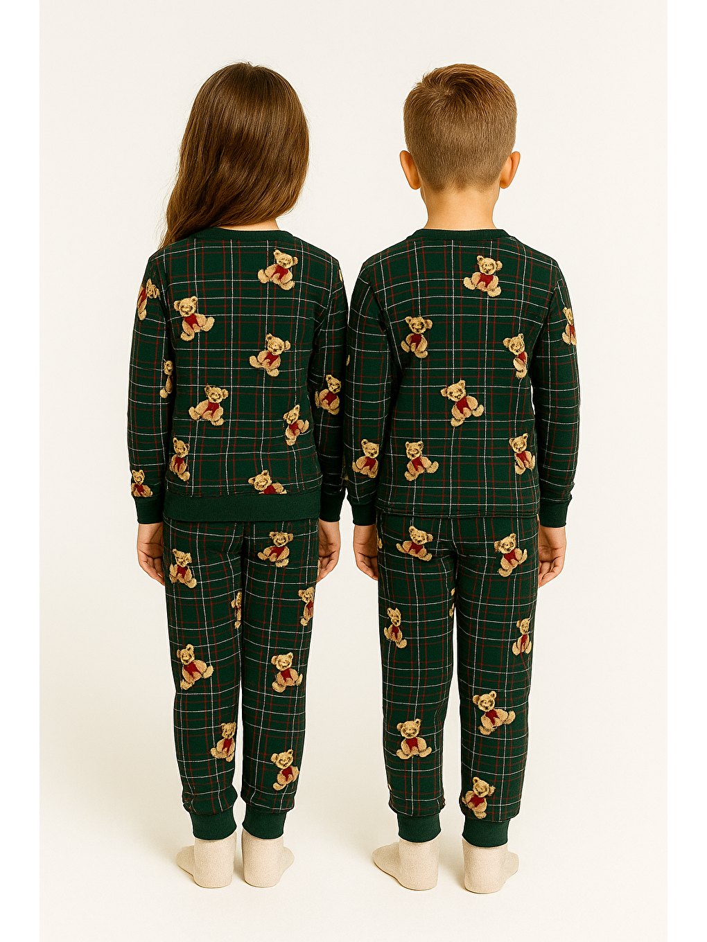 Bisiklet Yaka Ayıcık Baskılı Yeşil Renk Unisex Çocuk Pijama Takımı-2