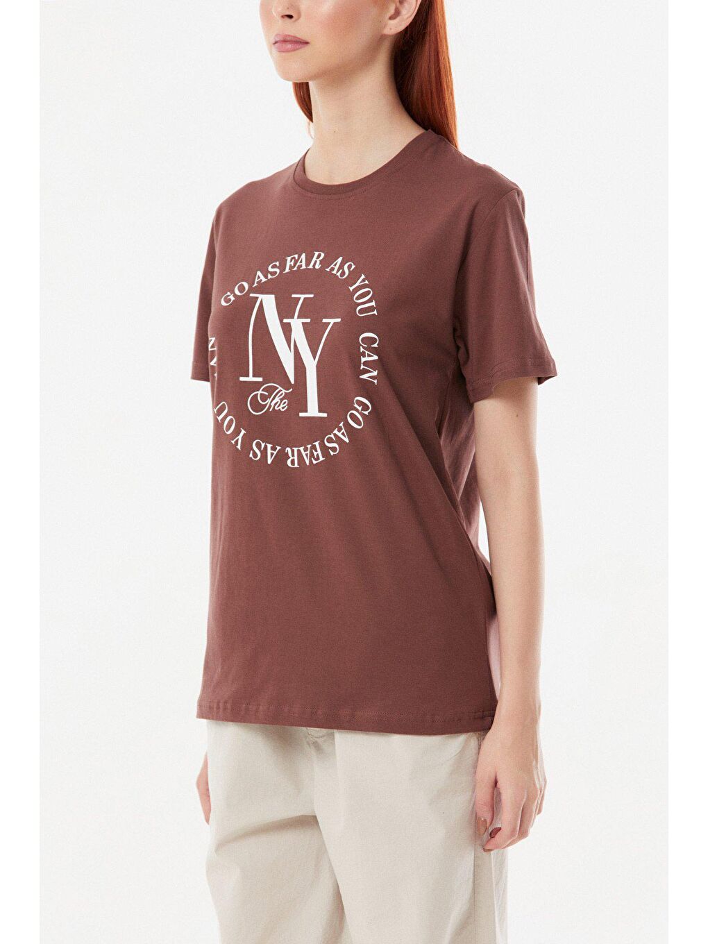 Kahverengi NY Baskılı Bisiklet Yaka Tişört-3